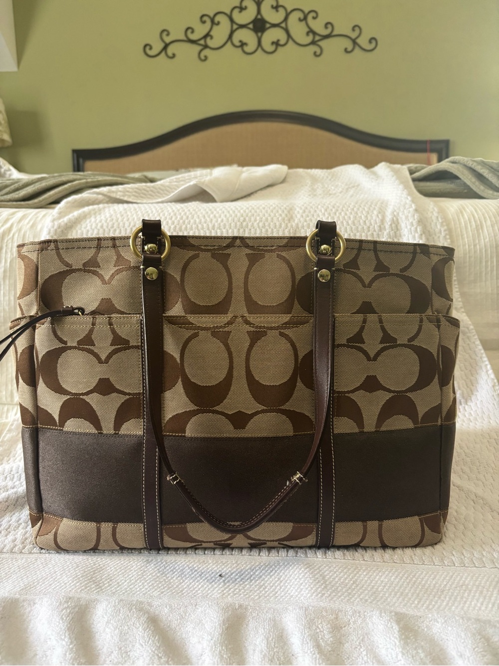 Coach Brown Signature Canvas Tote with Dark Brown Leather Trim